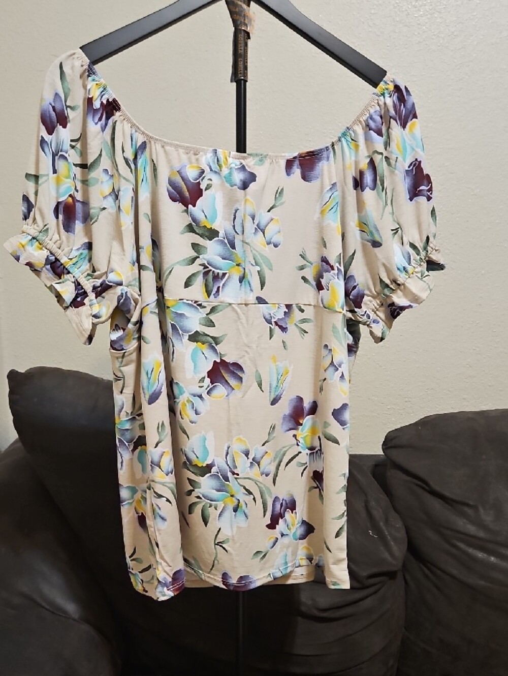 Sew In Love Cream Floral Off-Shoulder Blouse with Purple & Blue Flowers - Picture 5 of 10